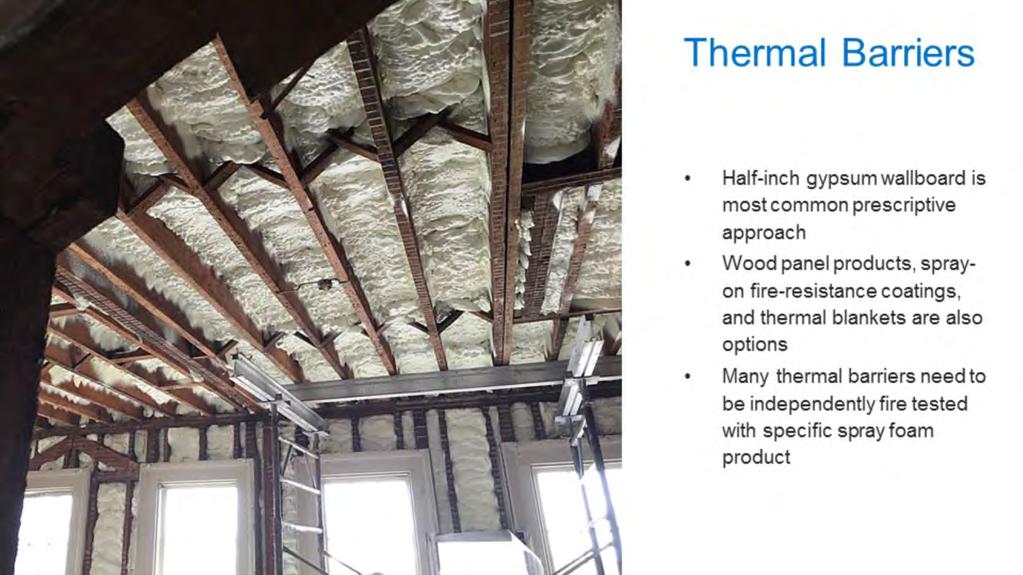 Building code requires all spray foam insulation, as well as rigid foam board, to be covered (separated from the building interior) by an approved thermal barrier.