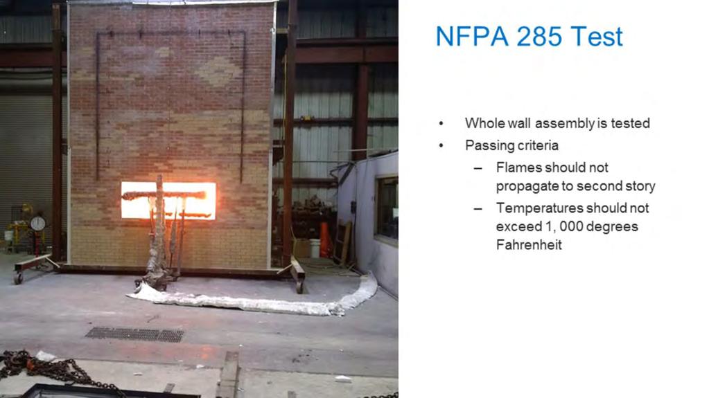 The NFPA 285 test evaluates how well exterior assemblies, as opposed to individual components, propagate fire. For the test, a mockup of a two-story building is constructed.