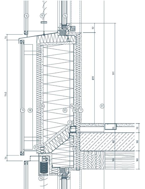 One possible façade configuration for passive-house standard (1) supporting column 240 mm x 240 mm, as slab support (2) 35 mm mineral wool, noise insulation, fire protection (3) 25 mm fibre cement