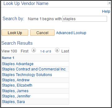 Using the percent (%) sign allows for a more flexible vendor search. The search below provides all vendors with Vermont in the name.