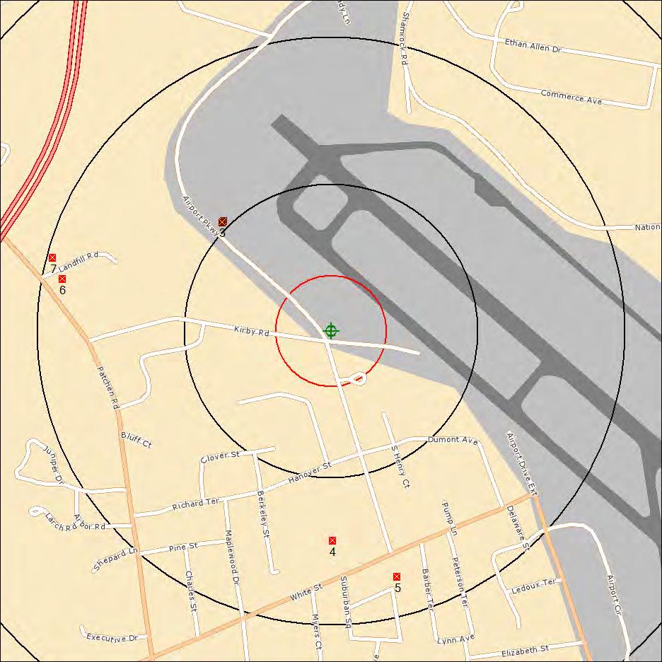 Environmental FirstSearch.5 Mile Radius ASTM Map: CERCLIS, RCRATSD, LUST, SWL 200 AIRPORT PKWY, Source: Tele Atlas Target Site (Latitude: 44.476318 Longitude: -73.165383).