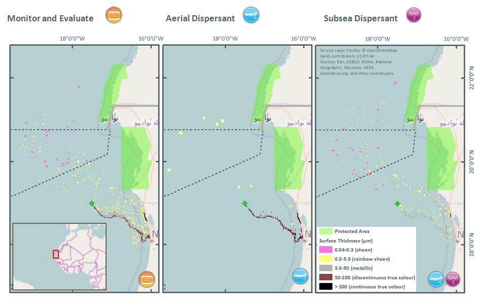 Scenario Level of Oiling Length of Shoreline Impact (km) Day 0 Day 3 Day 7 Day 14 Day 21 Day 28 Day 42 #1 Monitor and Evaluate #2 Aerial Dispersant Application #3 Aerial and Subsea Dispersant