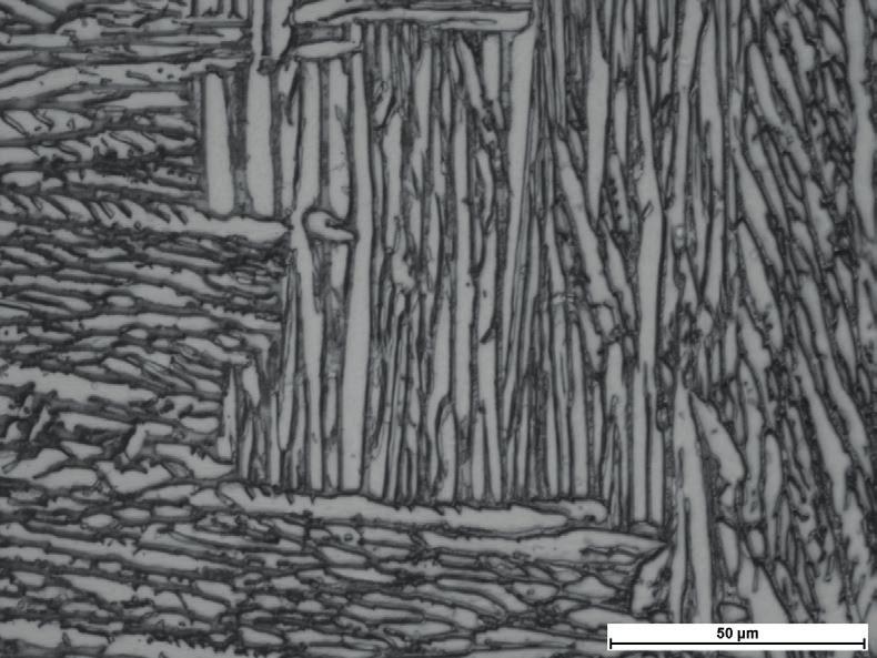 parameters were determined for lamellar microstructure: diameter of primary β phase grains, diameter of the colony of α phase lamellae, thickness of a lamellae, volume fraction of β phase, For