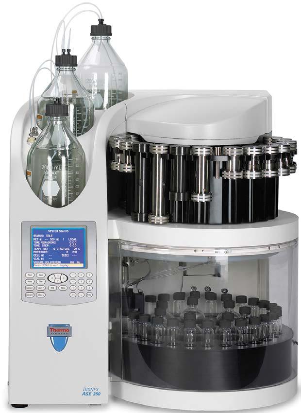 The extractions were carried out with the Thermo Scientific Dionex ASE 350 Accelerated Solvent Extractor (P/N 083114, 120 V, or P/N 083146, 240 V) (Figure 1) equipped with 34 ml stainless steel