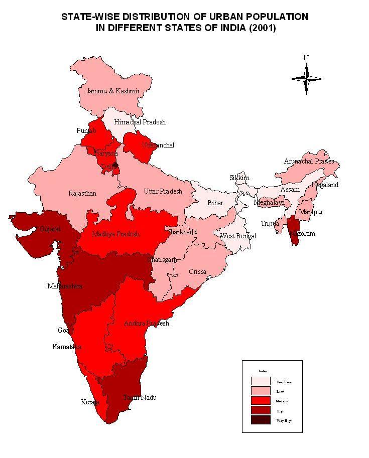 Level of Urbanization in India in 2001 The urbanization level is more or less similar to other developing countries, but it varies significantly across the states.
