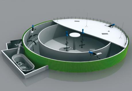 1196 Wassertechnik GmbH and features a circular ground plan: The main fermenter is positioned outside the postfermenter and is implemented as a circular ring (see Figure 1).