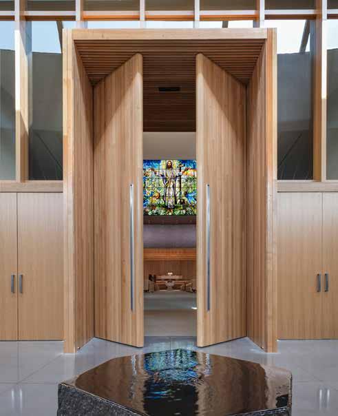 -ft narthex with 20-ft-high ceilings and a continuous ribbon of clerestory windows that divide the narthex from the main structure.