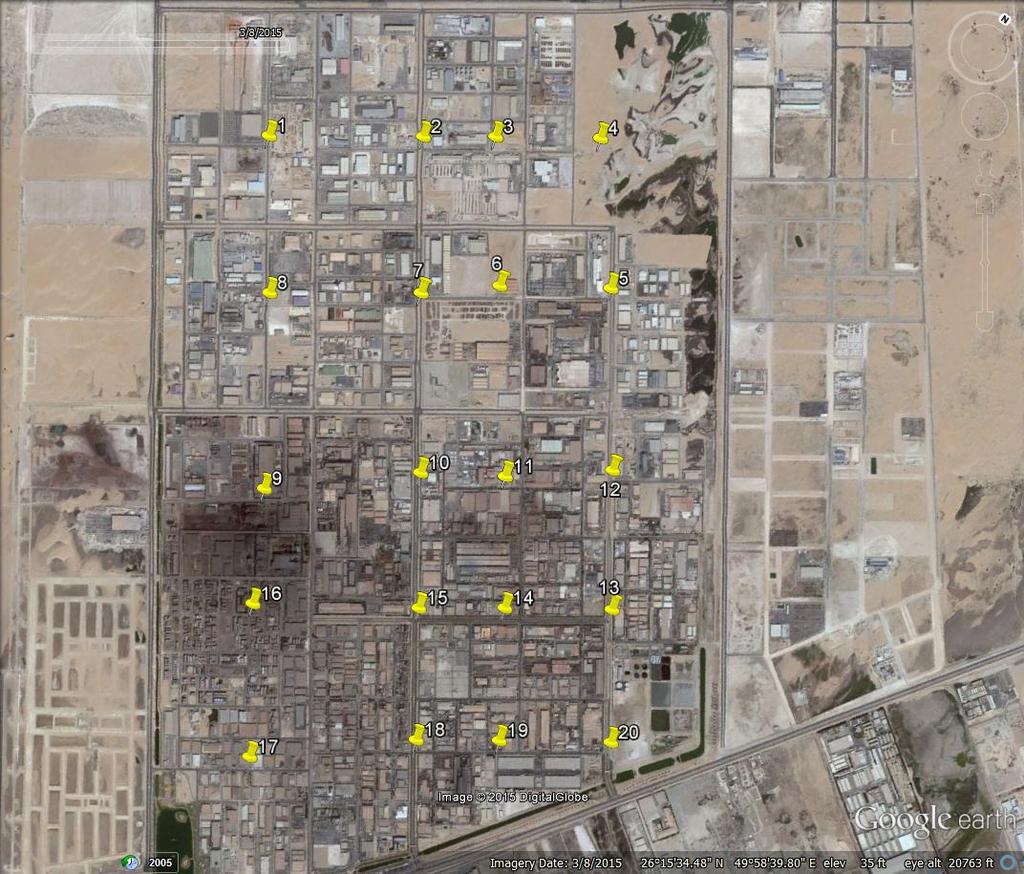 Figure 1. Boundary of 2 nd industrial city of Dammam as shown by google map showing assigned location points for measurements and sampling (L1 - L20).
