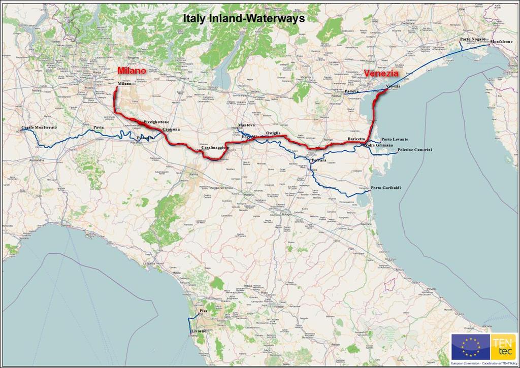 Italian IWW Core Network Proposal As a connection between two core nodes (Milan and Venice), Italy proposed the IWW highlighted in red, as part of the