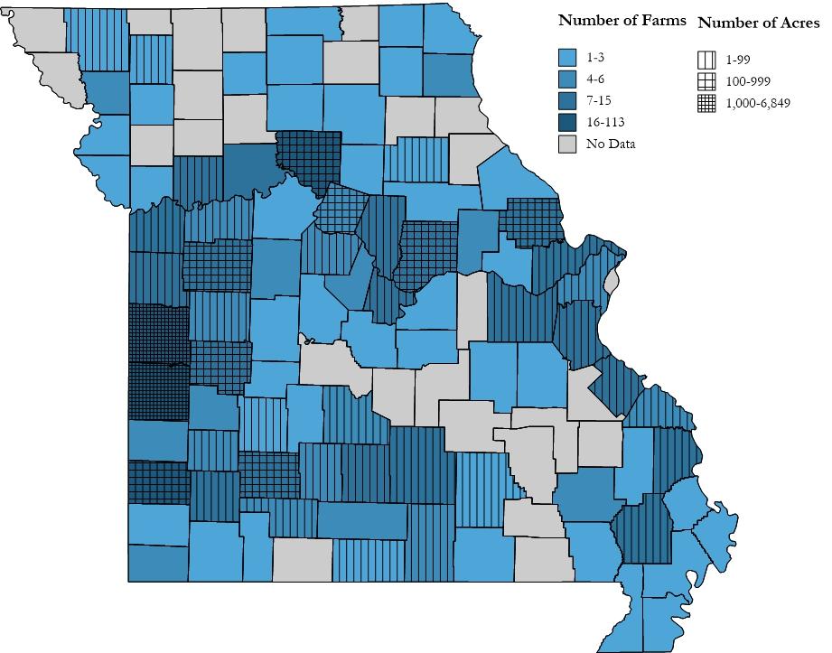 Exhibit 7 maps total tree nut farms and acreage in 212 by Missouri county. Note that totals include bearing and non-bearing acreage.