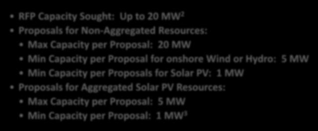Non-Aggregated Resources: Max Capacity per Proposal: 20 MW Min Capacity per Proposal for onshore Wind or Hydro: 5 MW Min Capacity per
