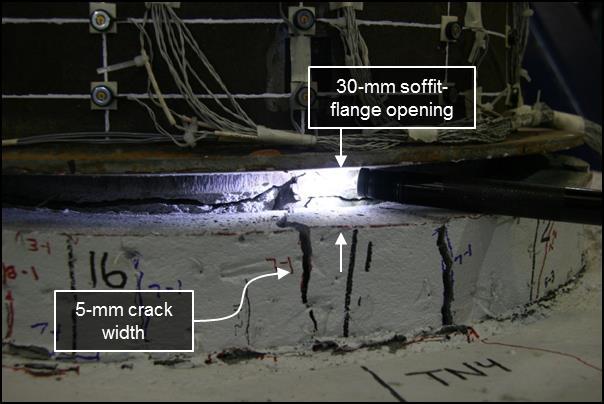 During this cycle level, the widths of the radial cracks in the soffit increased to approximately 5-mm. The gap between the soffit and flange opened to 30-mm as the column approached peak drift.