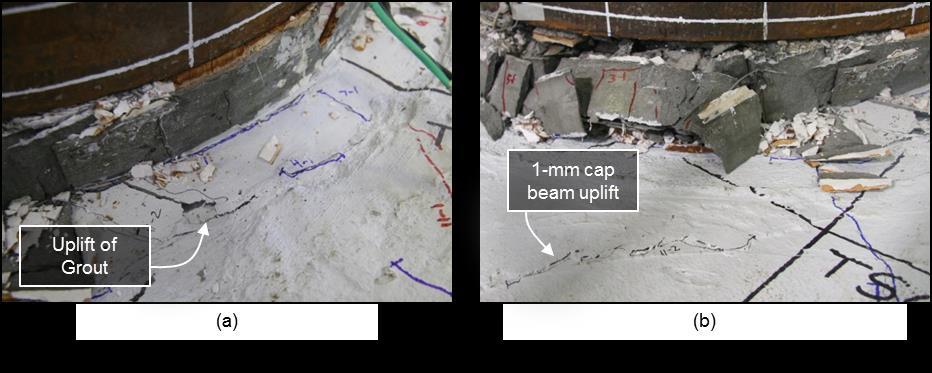 During this cycle level, slight surface uplift of the grouted region was observed between the soffit and the cap beam on the South side of the specimen, as shown in Figure 5.56a.