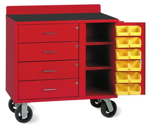 A convenient combination of storage options includes units with shelving only, drawers only and units with both drawers and shelving.