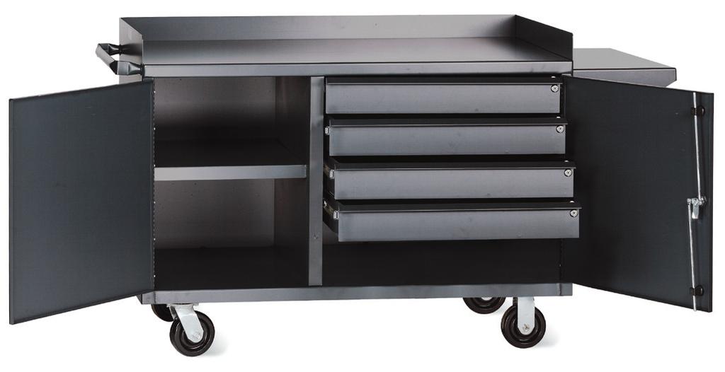 (2) swivel and (2) rigid 5" rubber casters Equipped with hinged front door secured with a 3-point locking handle Four like-keyed drawers on either side of unit Each drawer handles up to 300 lbs.