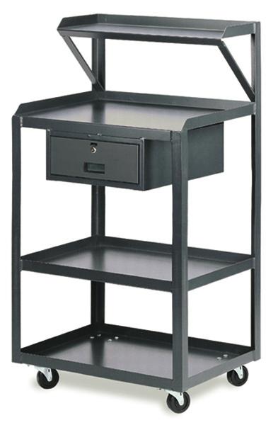 steel top 3" side and back stop 12"-deep welded vise shelf 5" rubber casters Handles up to 1,500 lbs.