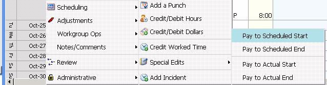 Special edits are changes made to a time card specifying that an employee is paid to the scheduled start or end, or the actual start or end, of a shift.
