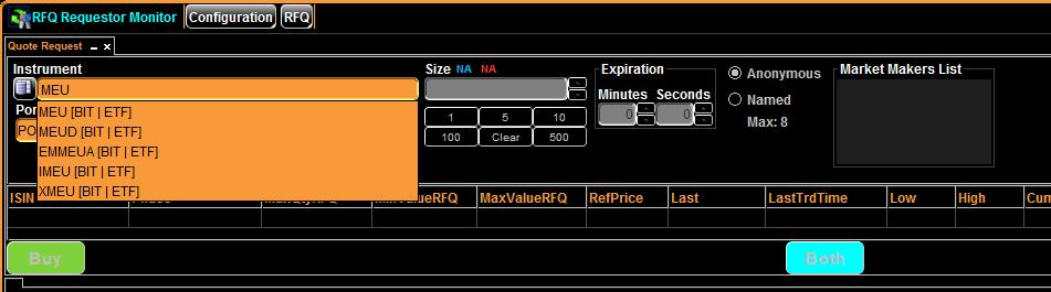 3.2 3.2.1 Wrkflw steps Submit a RFQ and Trade a received Qute 1) A new Request fr Qute can be submitted by the Requestr frm the Qute Request panel thrugh the fllwing steps: a) Select the instrument: