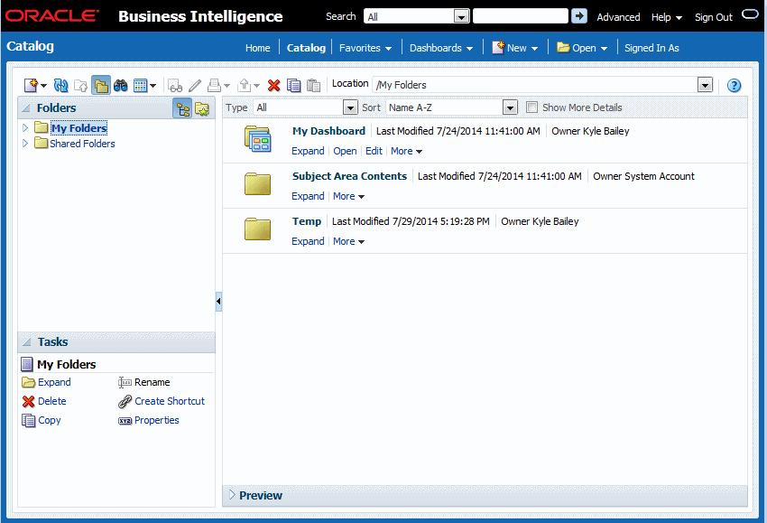 The Business Intelligence Presentation Catalog: Where You Maintain Your Reports and Analytics You are redirected to the Oracle BI Catalog within Oracle Business Intelligence.
