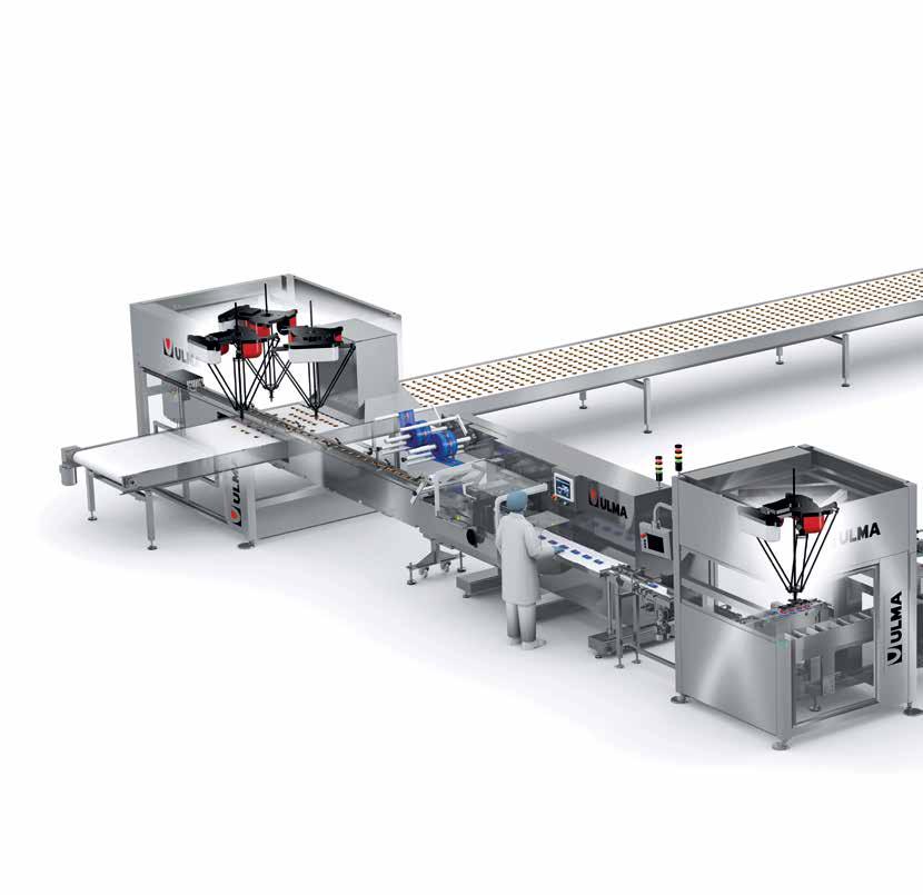Biscuits Complete packaging line for biscuits from the production process which, by means of an automatic load system comprising vision and quality control, feeds the aligned product to the Flow pack