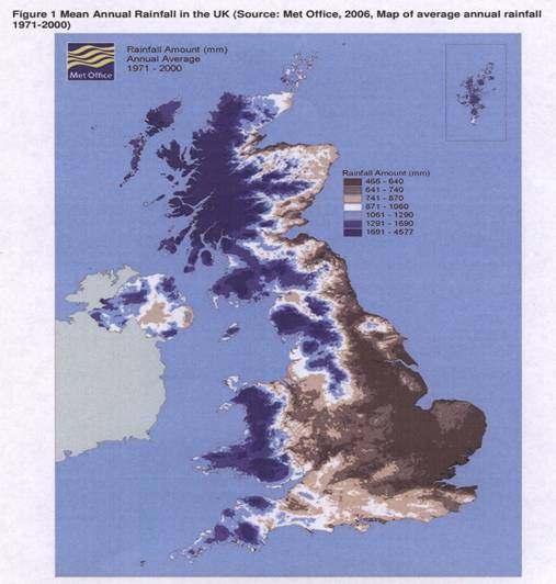UK mean annual rainfall, 1971-2000.