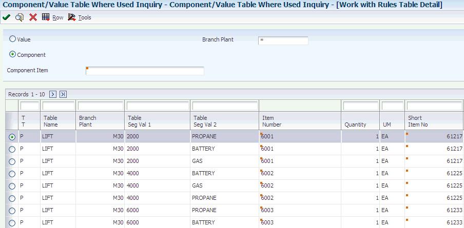 Setting Up Configured Tables Figure 4 19 Work with Rules Table Detail form Select a component item by branch/plant to retrieve rules table detail.