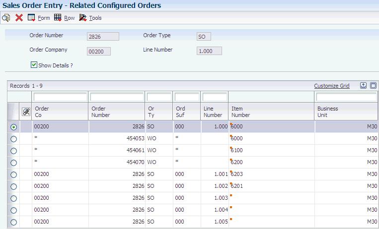 Performing an Inventory Search for Configured Items Figure 7 3 Related Configured Orders form 7.