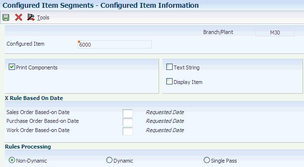 Setting Up Configured Item Segments 4.11.6 Defining Configured Item Information Access the Configured Item Information form. Figure 4 3 Configured Item Information form (Release 9.1 Update) 4.11.6.1 Print Related Elements Print Components Enter a code that specifies whether the system prints configured item information on the order paperwork.