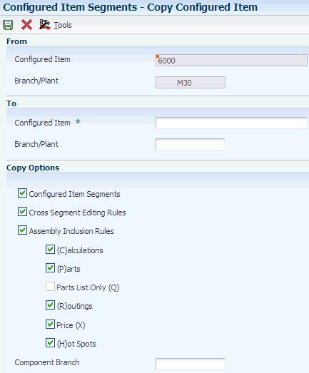 Setting Up Configured Item Segments Figure 4 7 Copy Configured Item form Note: When you copy a configured item, you can copy any attribute from the original item.