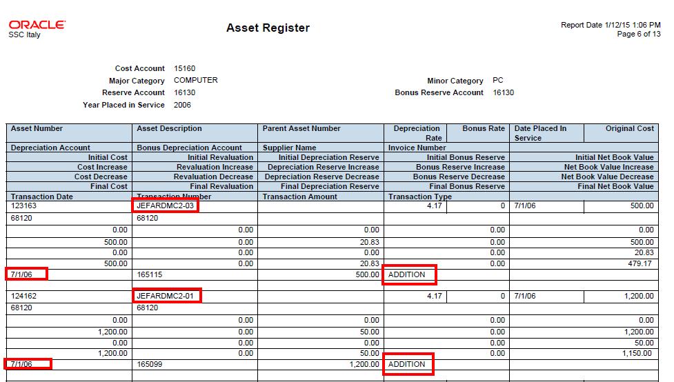 Report Run 2: Run Asset Register for the period with Additions (All assets) Print Asset Register for 07-06.
