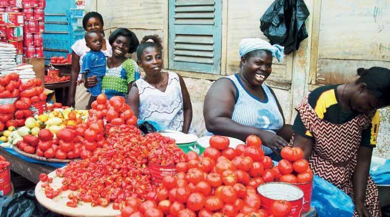 6 Saleswomen at a market in Ghana: An important contribution to the family income groups within a country and the gap in development levels between the industrialised and the developing countries.