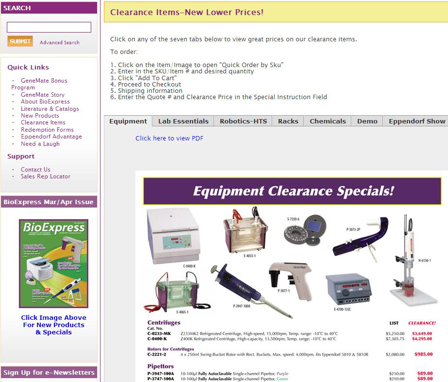 Specials, Sales, Clearance Items, Free samples, Eppendorf Advantage and Manufacturer rebates.