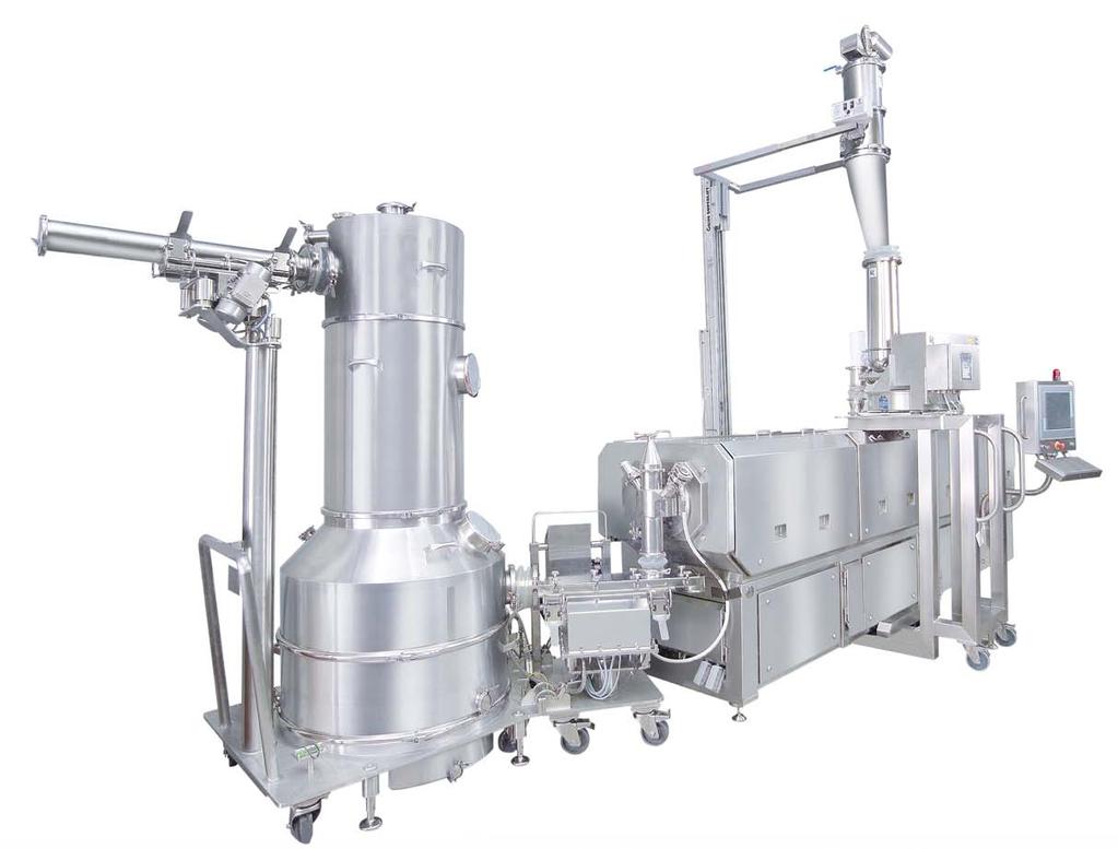 In pharma extrusion, there are two kinds of processes that need to be distinguished: wet extrusion and hot melt extrusion. In wet extrusion, liquid is fed into a powdery substance.