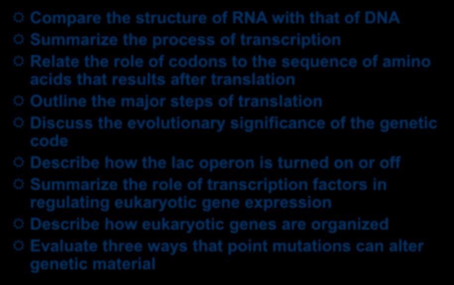 GOALS Compare the structure of RNA with that of DNA Summarize the process of transcription Relate the role of codons to the sequence of amino acids that results after translation Outline the major