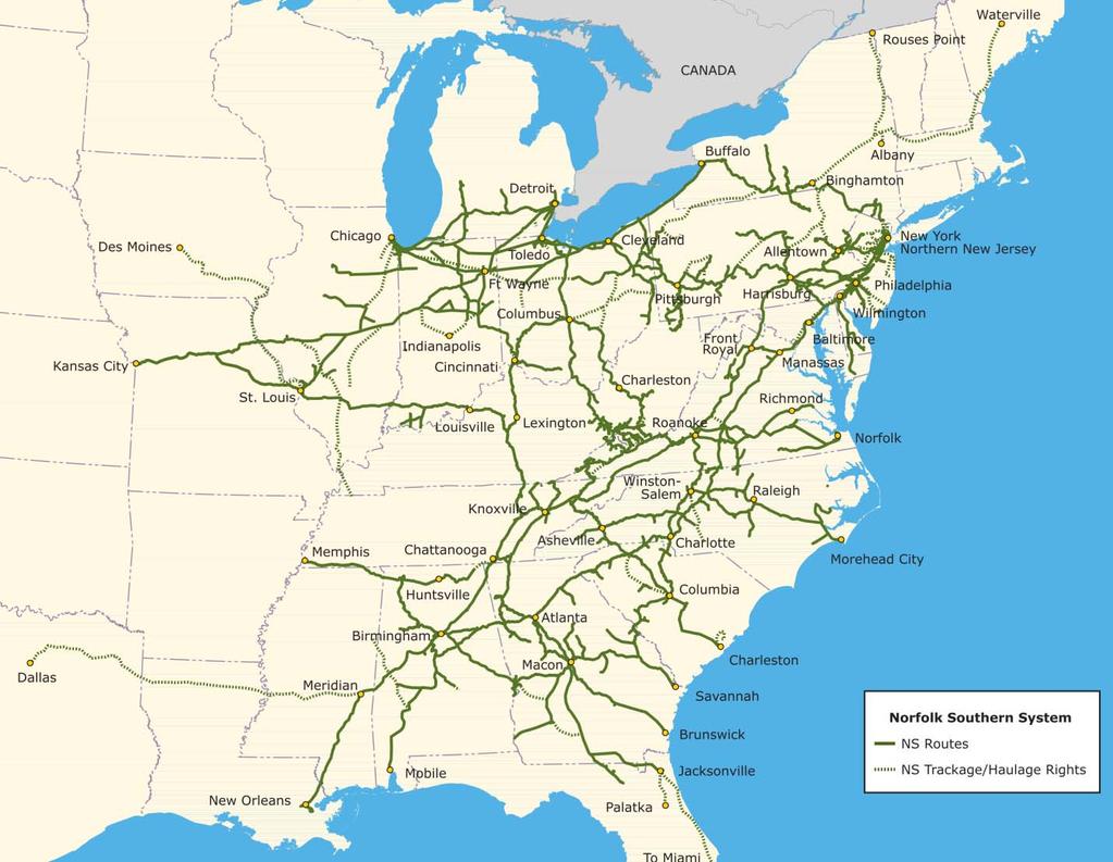Figure 3-7: Norfolk Southern System Map Source: NS NS Train Volumes NS averages 35 to 40 trains daily through the Cincinnati area.