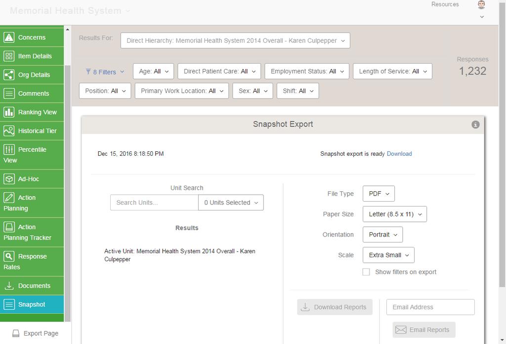 Snapshot Export Press Ganey s Snapshot Export provides the user the capability to generate or email a printable document that includes several of the most common Engagement Portal views.