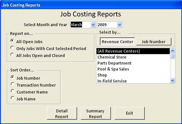 Reports In order to view the job costing reports: From the Main Menu, choose the Service menu. From the Service menu, choose Job Costing. Choose Reports.
