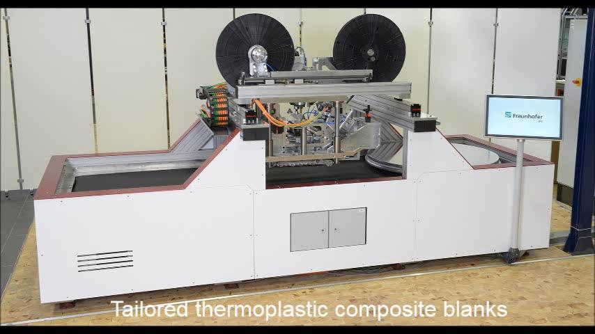 Manufacturing of tailored thermoplastic composite blanks Novel IR-based tape placement system Process description Placement of unidirectional tapes on a rotary table In-situ consolidation using an