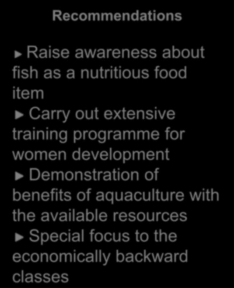 Recommendations Raise awareness about fish as a nutritious food item Carry out extensive training programme for women