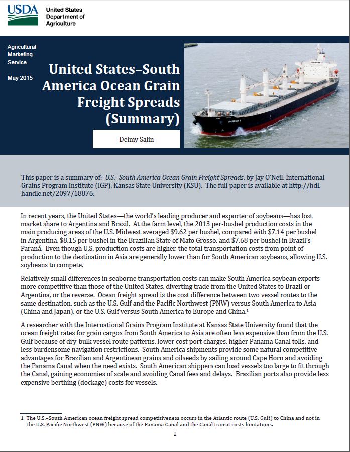 U.S.-South America Ocean Grain Freight Spreads Cooperative study with Kansas State University Examined