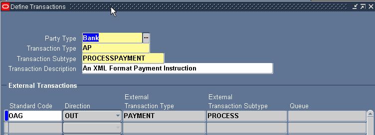 Define Transactions Use Oracle XML Gateway to define a cross-reference between the Oracle transaction name and the external transaction name.