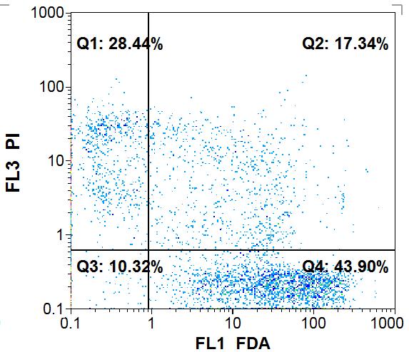 Fig. 3 FDA vs PI plot (live vs dead) uncompensated with compensation line for PI vs FL1 (a) and compensated (b) Sample analysis and counting: Analyse double stained samples.
