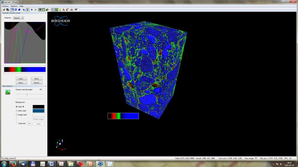 microstructure using cutting box (blue color - aggregate, green - cement matrix, red - air voids and crack) The crack location in the