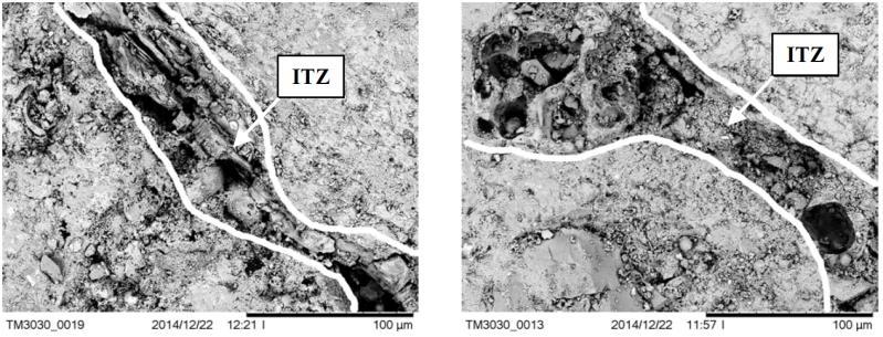 Figure 10: Images of ITZs by scanning electron microscope (SEM) (porous zones close aggregate represent ITZs) Figure 11 presents the 2D distribution of air voids in 3 different horizontal