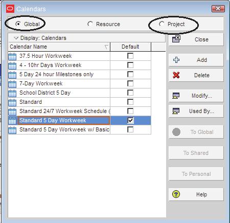 4 - Creating a New Global or Project Calendar Select Enterprise, Calendars, Select the Global, or Project button: Page 101 Page 102 5.