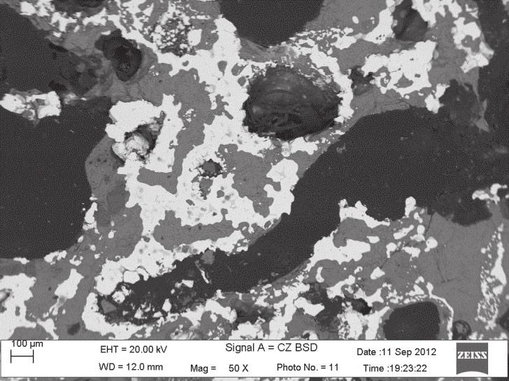 Fig. 6. SEM image and EDS results of roasted pellet without additives. Fig. 7.
