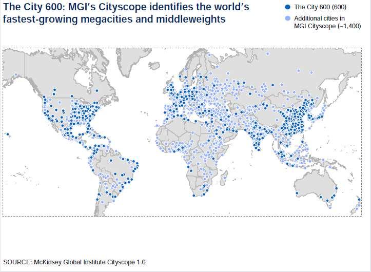 MAP 1: LOCATION OF THE 600 LARGEST WORLD CITIES The largest of these cities can be defined as megacities with a population of more than 10 million.