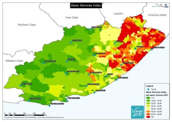 MAP 7: BASIC SERVICES INDEX It is important to note that there are only four LMs with large and growing population and high backlogs: KSD, Nyandeni, Ngquza Hill and Mbizana.
