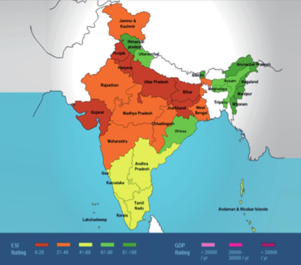 The colour-coded map presents a snapshot of sustainability across States according to the ESI.