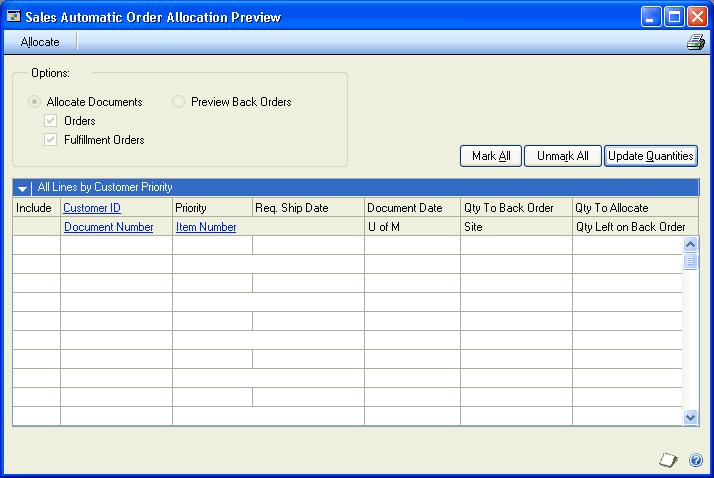 PART 3 ALLOCATION, FULFILLMENT, AND PURCHASING 5. Choose Preview to open the Sales Automatic Order Allocation Preview window and view the documents that match the selected range.